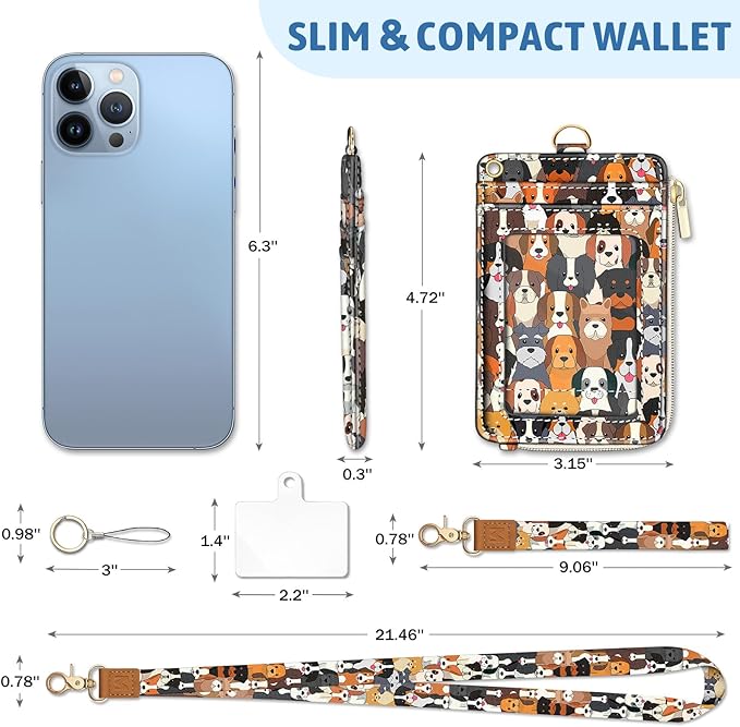 Piefly Cute Dog Lanyard Wallet with ID Badge Holder, Small RFID Wallet Women Keychain Wristlet, Slim Credit Card Holder with Zipper Pocket Phone Lanyard Wrist Strap Name Tag Woman Office Teacher Gift