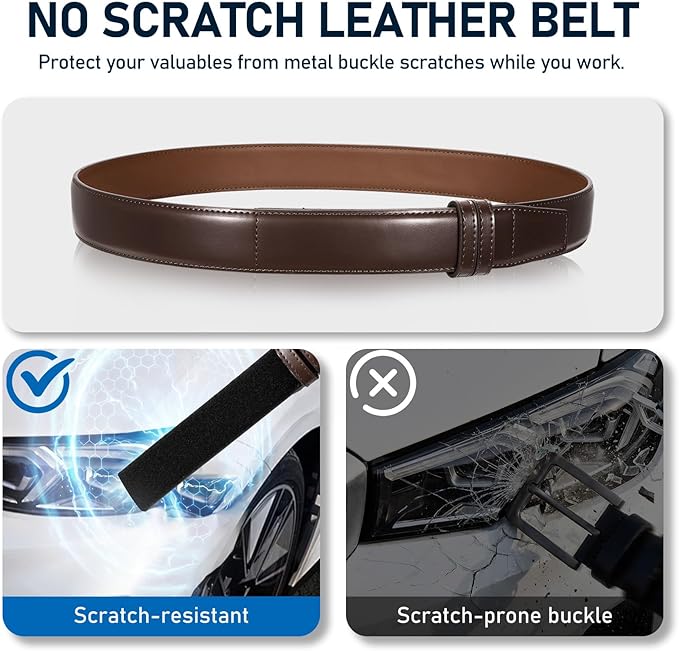 SANSTHS Mechanic Buckless Belts for Men, No Scratch Leather Work Belt Hook & Loop Tsa Belt for Technician Travel Gifts