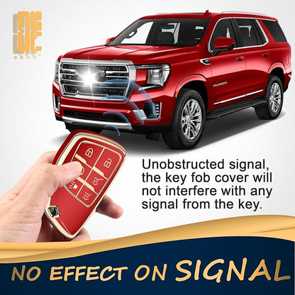 QBUC for Chevy Key Fob Cover with Keychain Soft TPU Protection Case Compatible with 2021-2026 Chevy Tahoe Suburban GMC Yukon Denali Silverado 6-Buttons(Gold Trim Red)