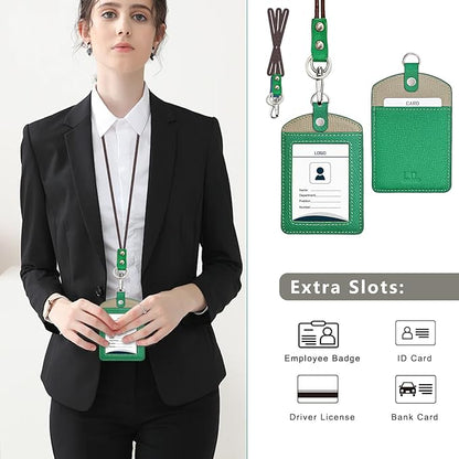 Badge Holder: Boshiho Cowhide Leather ID Badge Card Holder with 19" Neck Lanyard, Vertical Style (Green-Gray)