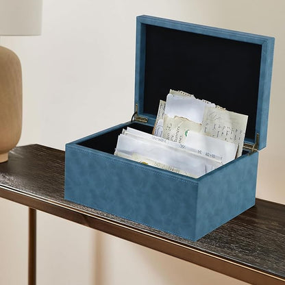 HofferRuffer Faux Leather Decorative Box, Large Wooden Structure Keepsake Box Accessory Organizer Jewelry Organizer with Hinged Lid, Storage Container for Home or Office (Blue)