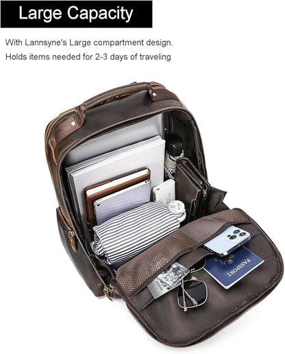 LANNSYNE Vintage Mens Full Grain Leather Backpack Fits 17.3 Inch Laptop, Large Casual Rucksack Shoulder Bag For Travel/Camping/Hiking-Brown