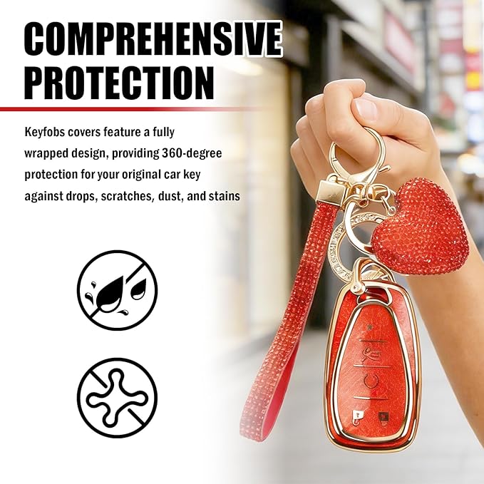 Compatible with Chevy Equinox Key Fob Covers,Stylish Car Key Cover with Bling Heart Keychain,5-Button Keys Fob Protector（Red）
