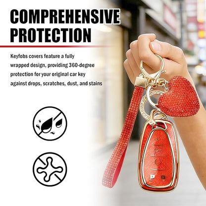 Compatible with Chevy Equinox Key Fob Covers,Stylish Car Key Cover with Bling Heart Keychain,5-Button Keys Fob Protector（Red）