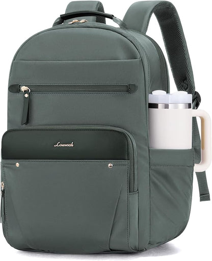 LOVEVOOK Laptop Backpack for Women with Leather Trim & Tumbler Pockets, 17.3" Work Backpack Purse, Travel Personal Item Bag, Carry On Business Computer Bag for Office, School, or Gift, Sage Green