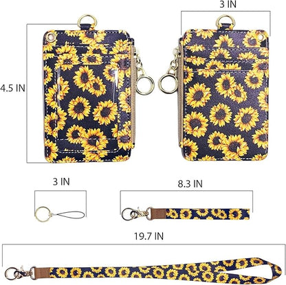 Bolimoss Sunflower ID Badge Holder with Lanyard, Cute Name Badge Holder, Zip ID Case for Work, Office, Nurse, Medical Student, Teacher, Women