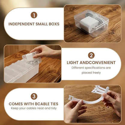 8 Individual Cable Organizer Boxes With Base, Cord Storage Organizer With Labels And Cable Straps For Charging Cables, Adapters, Earphones And Small Electronic Accessories