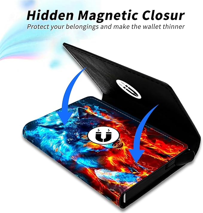 Minimalist Wallet for Men's Card Holders, Pop-Up Card Case Wallets for Women, Leather Automatic Credit Card Holder with Metal Money Clip RFID Blocking Bifold Pocket, Red Blue Flaming Wolf