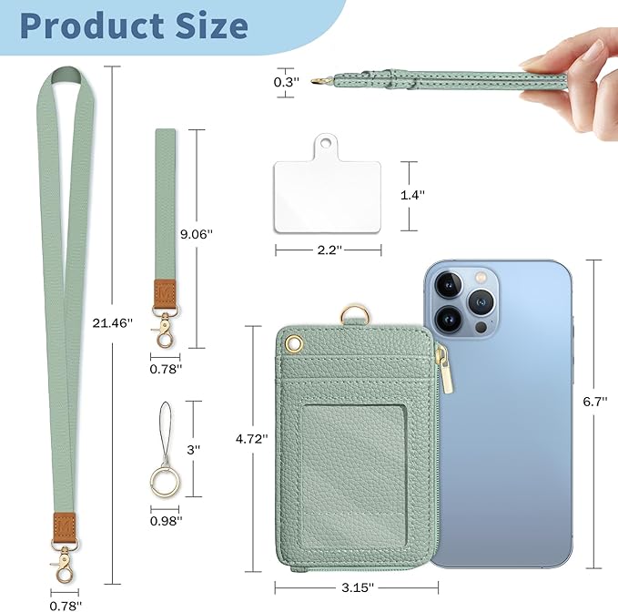 Lanyard Wallet with Id Badge Holder, Sage Green RFID Small Keychain Wallet Women Wristlet, Minimalist Zipper Credit Card Holder Phone Wrist Neck Strap for Key Name Tag, Teacher Office Gift