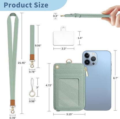 Lanyard Wallet with Id Badge Holder, Sage Green RFID Small Keychain Wallet Women Wristlet, Minimalist Zipper Credit Card Holder Phone Wrist Neck Strap for Key Name Tag, Teacher Office Gift