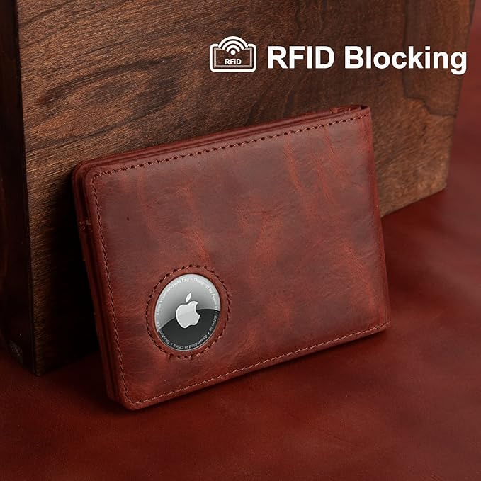 AirTag Wallet Men，Genuine Leather Wallet with Airtag Holder Slim Billfold RFID Blocking Wallet for Apple Air tag Best Gifts for Him Brown (Airtag Not included)…