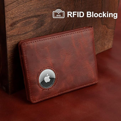AirTag Wallet Men，Genuine Leather Wallet with Airtag Holder Slim Billfold RFID Blocking Wallet for Apple Air tag Best Gifts for Him Brown (Airtag Not included)…