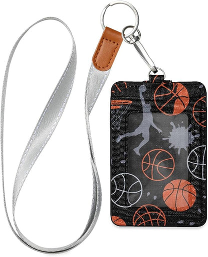 Badge Holder, Basketball Theme PU Leather School College Business ID Badge Card Holder Wallet Case with 1 Clear Window, 2 Credit Card Slots and Detachable Neck Lanyard - Vertical