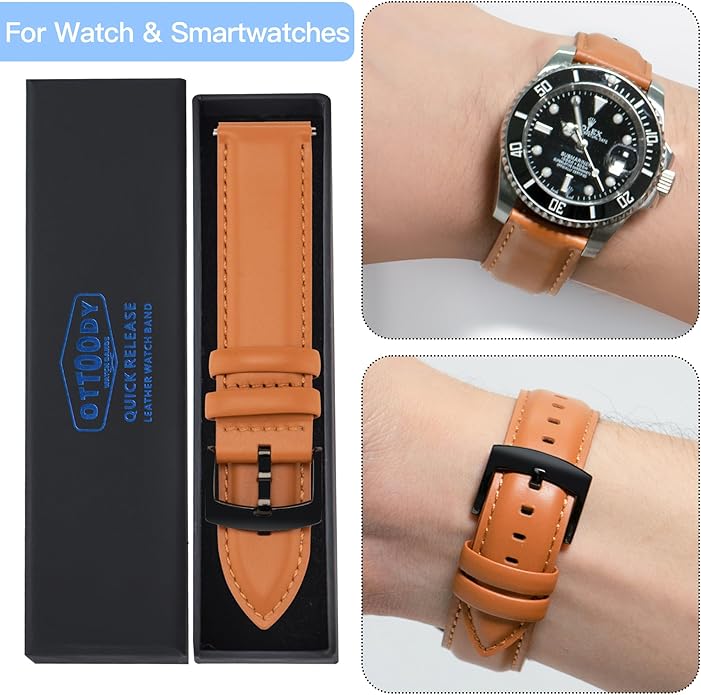 OTTOODY Leather Watch Bands Quick Release, Elegant Top Grain Leather Watch Straps for Men & Women, Choice of Color & Width - 18mm, 19mm, 20mm, 21mm or 22mm Wristbands Bracelet for Watch & Smartwatch