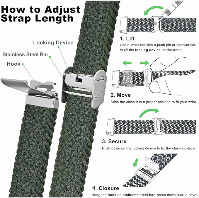 WOCCI 24mm Braided Nylon Watch Band for Men and Women, Quick Release, Silver Stainless Steel Buckle (Khaki Green)