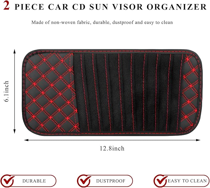 2 PCS Car CD Visor Storage Cases, Large Capacity Auto Sun Visor DVD Holder with 10 Storage Sleeves, Leather Sunshade CD Pocket Interior Decoration for Cars Trucks SUVs (Red)