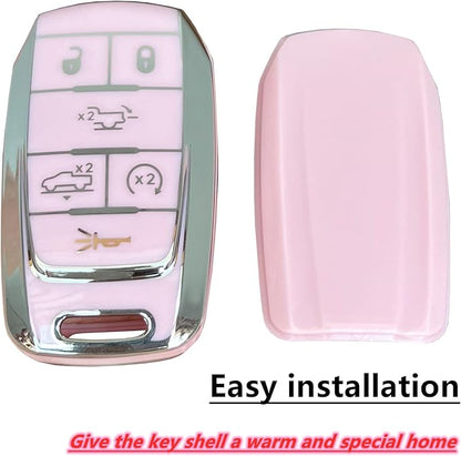 Key Protective Shell for RAM Key Fob Cover with Keychain Fit for RAM 1500 2500 3500 Smart Key Case Accessories (6-Button-Pink-Silver)