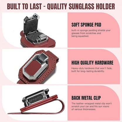 2PCS Sunglass Holder for Car Visor, Faux Leather Eyeglass Holder Clip for Car Sun Visor Organizer, Universal One Handed Operation Sun Glass Hanger, Car Interior Accessories for Women Man