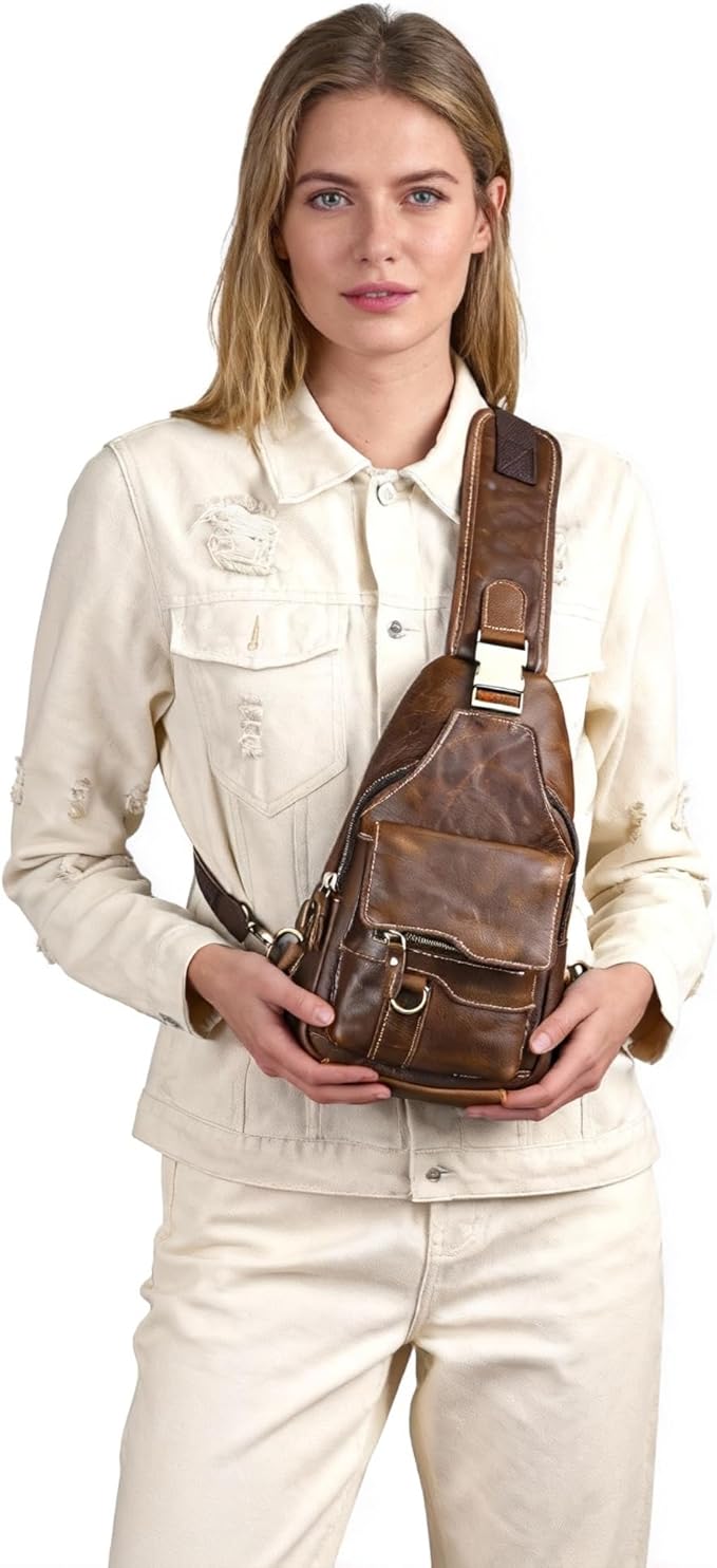 Genuine Leather Hiking Travel DayPack Sling Crossbody Triangle Chest Pack Bag For Men Women 8241 (8241 Dark Coffee)