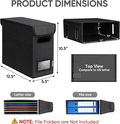 BALEINE File Organizer Box with Lid, Collapsible File Folder Organizer with Plastic Slide, Hanging File Folder Box for Office Document Storage (2 Pack, Black, S)