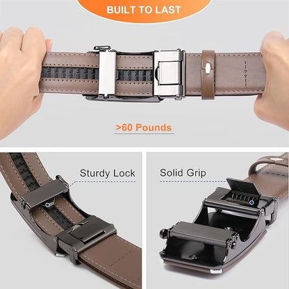 GAEKEAO Ratchet Belts for Men Dress Casual 1 3/12" Adjustable Genuine Leather Slide Buckle Designer Belt with Box Trim to Fit