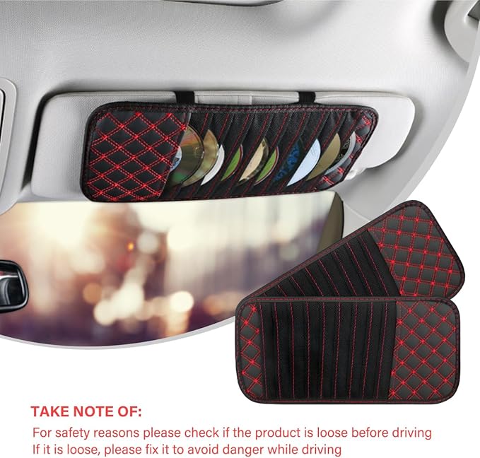 2PCS Car CD Visor Storage Cases, Sun Visor Organizer Disc Holder with 10 DVD Storage Sleeves, Vehicle Sunshade Anti-Scratch Leather CD Case Wallet for Car Truck SUV (Red)
