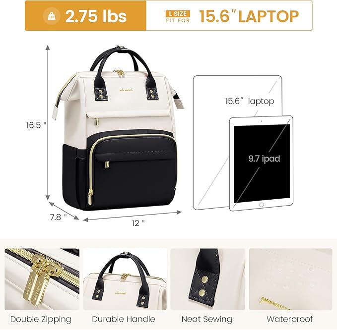 LOVEVOOK Leather Backpacks for Women,15.6 inch Leather Laptop Backpack Women,Professional Work Backpack Nurse College Teacher Bag,Womens Laptop Bag Computer Travel Backpacks Purse,Beige White-Black
