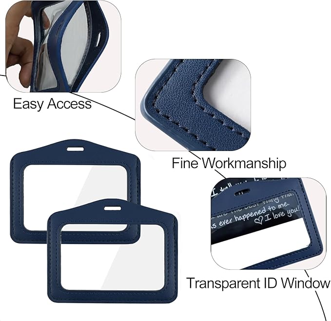 Larpur Pack of 2 ID Badge Holders, Horizontal Leather Card Case with Clear ID Window, Blue - Double Sided Clear, Work Badge Holder for Students, Teachers, Employees