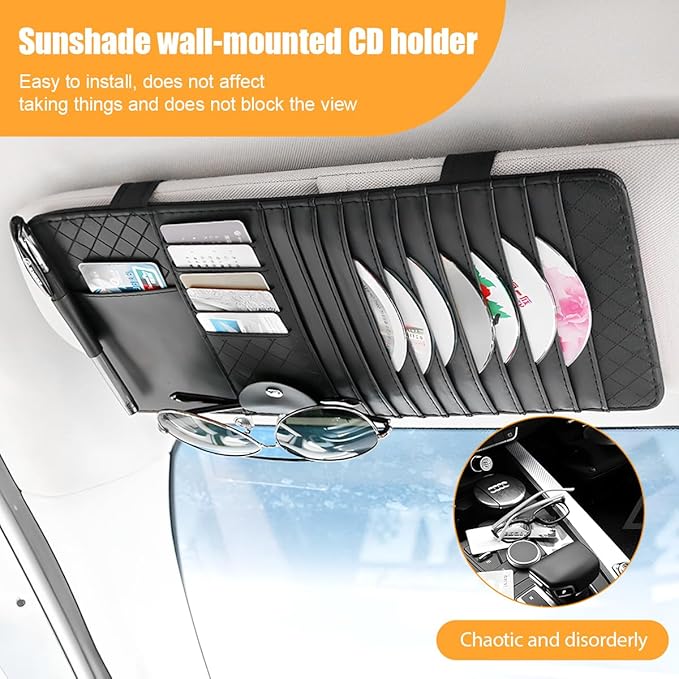 Zpana Car Sun Visor CD Case Holder, Multi-Function Vehicle DVD Eyeglass Organizer Clip with 10 DVD Storage Sleeves, Automotive Card Slots & Pen Holder Bag, Universal for SUV RV Truck (Black)