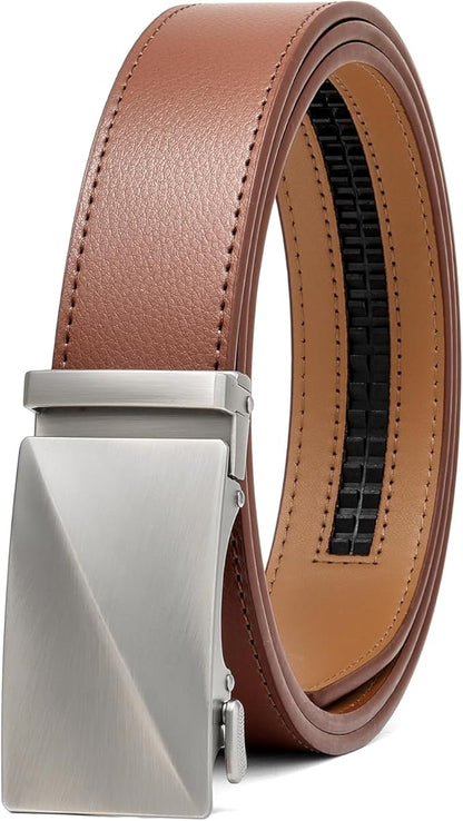 SENDEFN Men's Leather Belt Automatic Ratchet Buckle Slide Belt for Dress Casual Trim to Fit with Gift Box