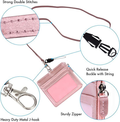 Badge Holder with Zip, Wisdompro 2-Sided PU Leather ID Badge Holder with 1 ID Window, 4 Card Slots, 1 Side Zipper Pocket and 1 piece 20 Inch Leather Neck Lanyard Strap - Rose Gold (Horizontal)