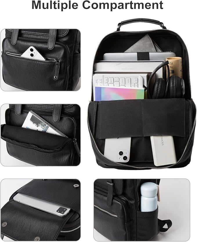 MOYYI Black Leather Backpack for Men Waterproof Fit 15.6 inch Laptop Backpack Work Commute Casual Daypack