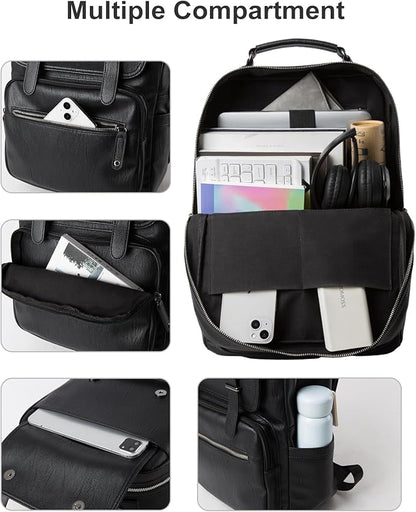 MOYYI Black Leather Backpack for Men Waterproof Fit 15.6 inch Laptop Backpack Work Commute Casual Daypack