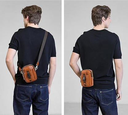 LANNSYNE Small Leather Messenger Bag, 3-in-1 Crossbody Shoulder Bag & Waist Belt Pouch, Sling Purse for Travel Business