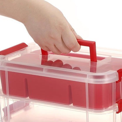 JUXYES 4-Tiers Stack Carry Storage Box With 2 Divided Tray, Transparent Stackable Storage Bin With Handle Lid Latching Storage Container for School & Office Supplies, Red