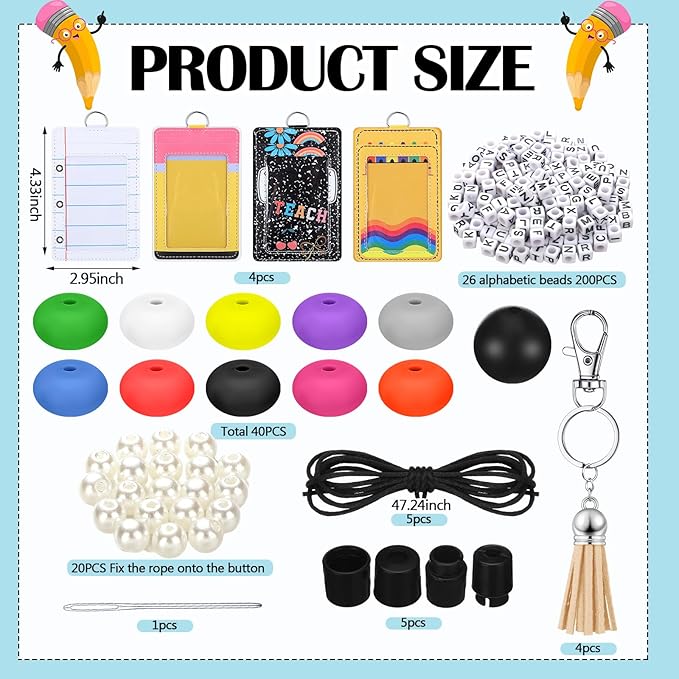 Gueevin 4 Sets/279 Pcs DIY Name Teacher ID Badge Holder with Lanyard Keychain Making Kit DIY Teachers Appreciation Gifts Cute Silicone Bead Lanyards Making for Teacher Office Graduation Supply Gifts
