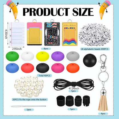 Gueevin 4 Sets/279 Pcs DIY Name Teacher ID Badge Holder with Lanyard Keychain Making Kit DIY Teachers Appreciation Gifts Cute Silicone Bead Lanyards Making for Teacher Office Graduation Supply Gifts