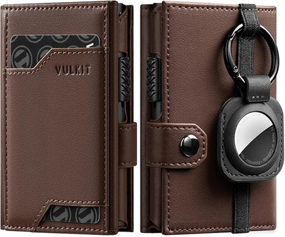 VULKIT Airtag Wallet with Keyring Leather Mens Pop up Credit Card Wallet with Air Tag Holder Trifold ID Window RFID Blocking（Espresso）
