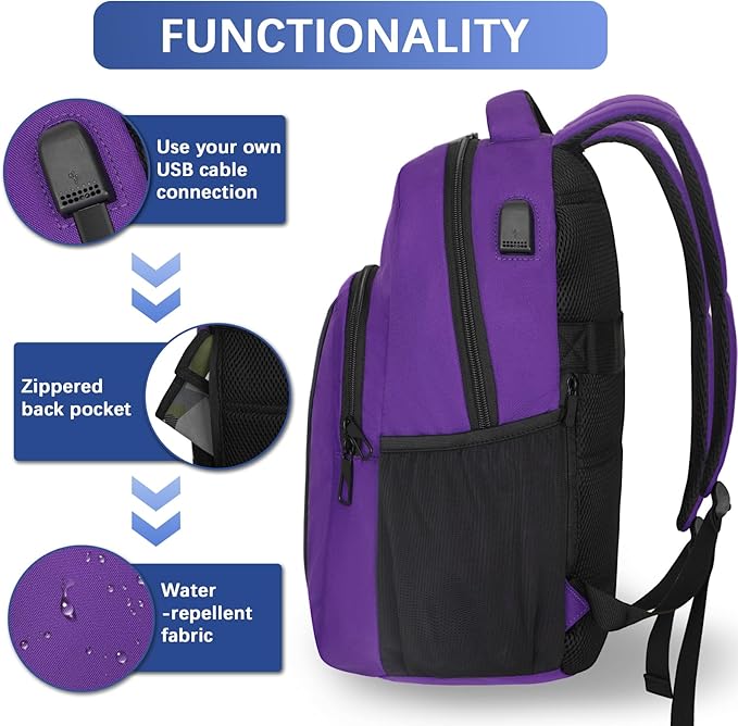 LARIPOP Carry On Backpack for Airplane, 15.6 Inch Laptop Backpack with USB Charging Port, Water Resistant Business Travel Backpack, Lightweight College School Bookbag Anti Theft for Men Women, Purple