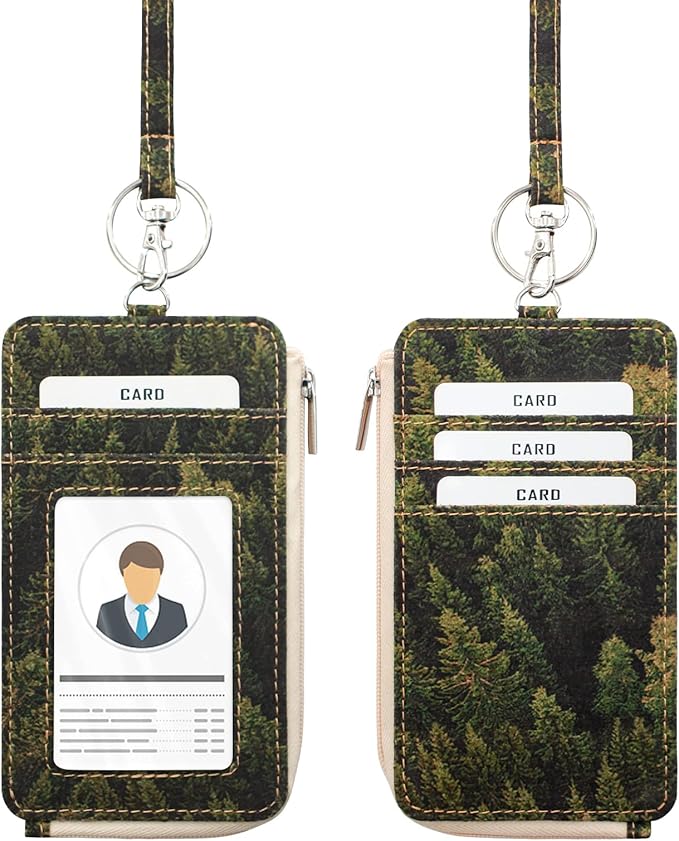 Badge Holder with Zipper - Boshiho Natural Cork ID Badge Card Holder Wallet with 18" Neck Lanyard, 5 Card Slots Vertical Style (Forest Pattern)