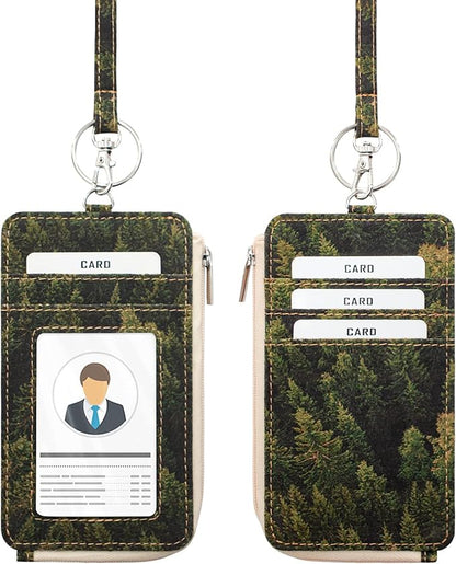 Badge Holder with Zipper - Boshiho Natural Cork ID Badge Card Holder Wallet with 18" Neck Lanyard, 5 Card Slots Vertical Style (Forest Pattern)