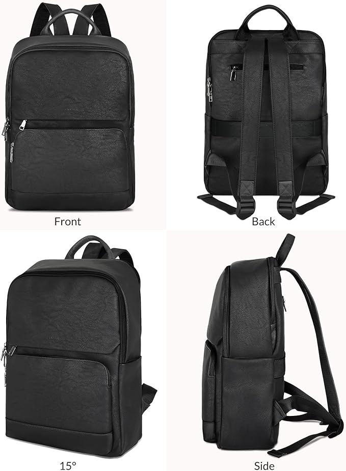SYTRAH Leather Backpack for Women, Vintage 15.6 inch Laptop Backpack Purse for Women, College Casual Backpacks Ladies Computer Bags for Travel Business Work Pure Black