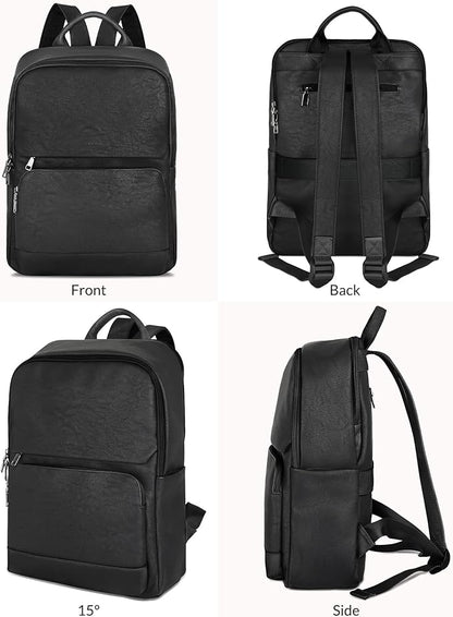 SYTRAH Leather Backpack for Women, Vintage 15.6 inch Laptop Backpack Purse for Women, College Casual Backpacks Ladies Computer Bags for Travel Business Work Pure Black