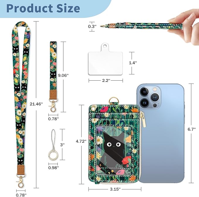 Lanyard Wallet with Id Badge Holder, Black Cat RFID Small Keychain Wallet Women Wristlet, Cute Zipper Credit Card Holder Phone Wrist Neck Strap for Key Name Tag, Teacher Student Office Gifts