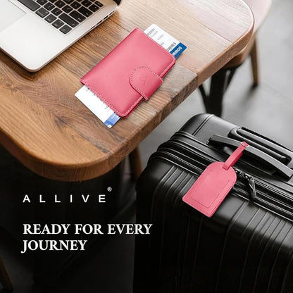 ALLIVE Rfid Passport Holder for Travel Women, Rfid Passport Cover Wallet, Genuine Leather Passport Holder for Travel with AirTag Hidden, Gift Set with Luggage Tag in Premium Gift Box (Rose Pink)