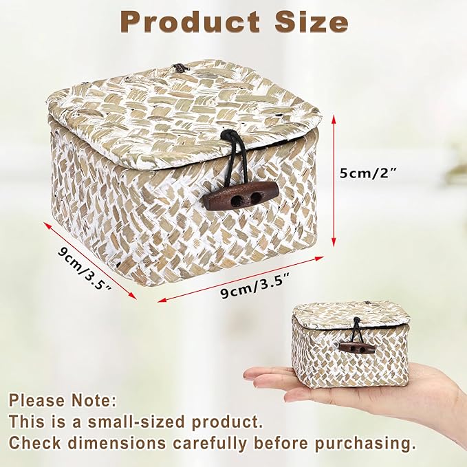 Hipiwe Handwoen Seagrass Basket with Lid Key Holder Box for Entry Decorative Mini Shelf Basket, Whitewash 3.5" x 3.5" x 2"