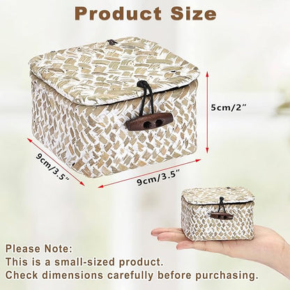Hipiwe Handwoen Seagrass Basket with Lid Key Holder Box for Entry Decorative Mini Shelf Basket, Whitewash 3.5" x 3.5" x 2"