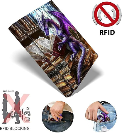 Minimalist Wallet for Men's Card Holders, Pop-Up Card Case Durable Wallets for Women, Leather Automatic Credit Card Holder with Metal Money Clip RFID Blocking Bifold Pocket, Purple Dragon Book