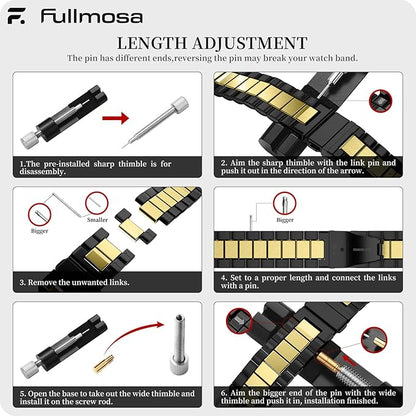Fullmosa 20mm Stainless Steel Watch Band, Quick Release Metal Replacement Strap with Removable Links, Includes Spring Bars & Link Removal Tool for Men Women (Black+Golden)