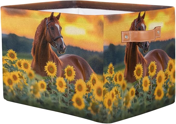 Animal Horse Sunflower Square Storage Basket Bin Canvas Fabric Compressible Organizer Basket with Handle for Bedroom Nursery Office, 1PCS